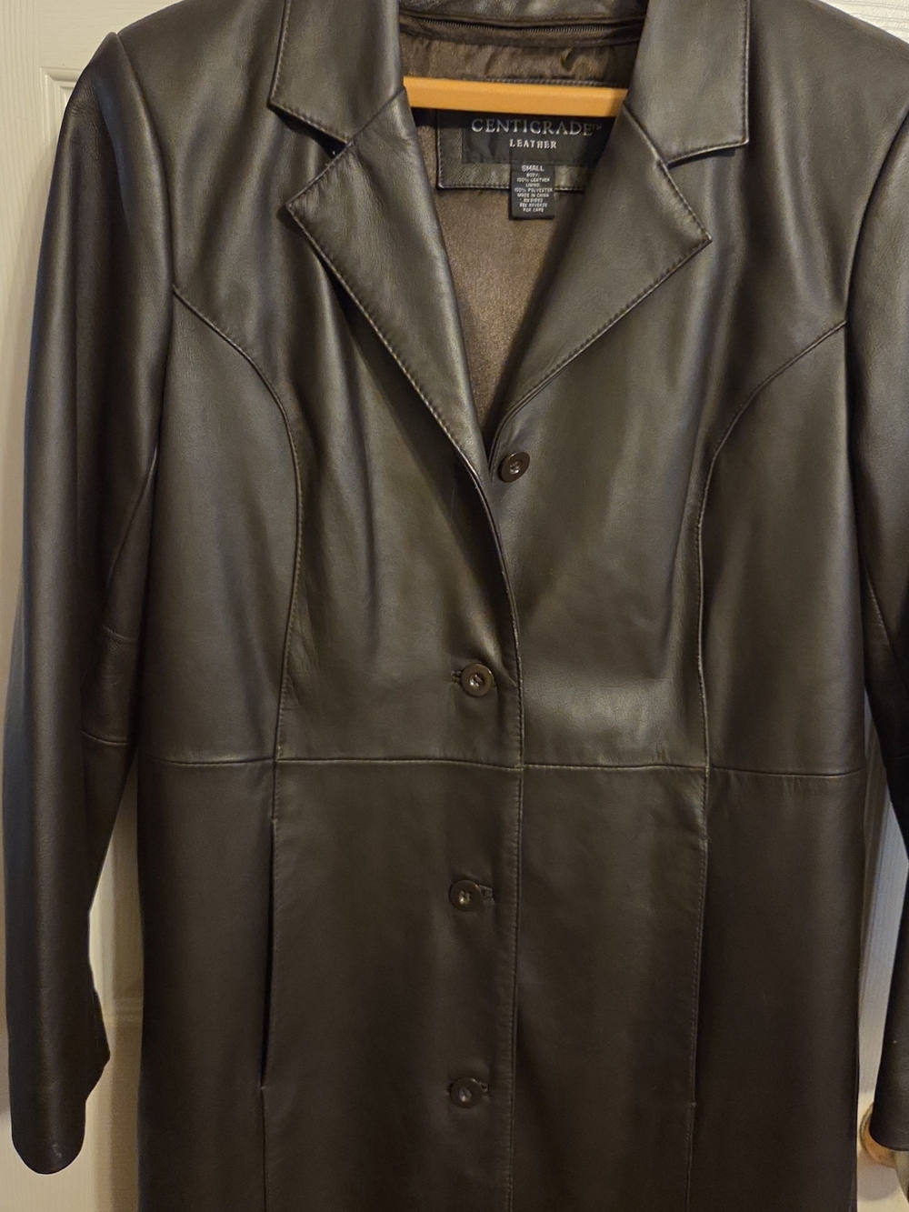 Long Black Leather Button-Front Coat - Picture 4 of 12